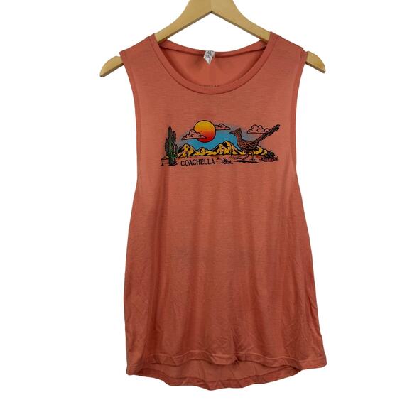 Bella Tops - Coachella 2018 Sleeveless Graphic Band Tank Top Roadrunner Coral